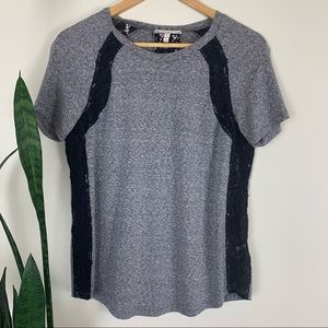 Rebecca Taylor Heathered Gray Tee with Black Lace Details